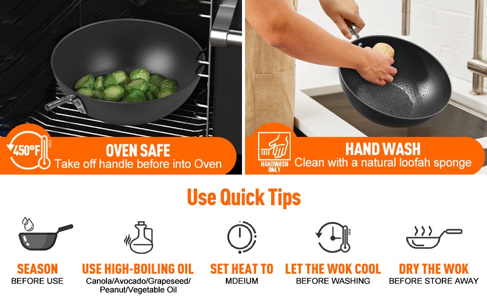 Carbon Steel Wok Pan, 9.5″ Authentic Chinese Stir-Fry Pans Set with Glass