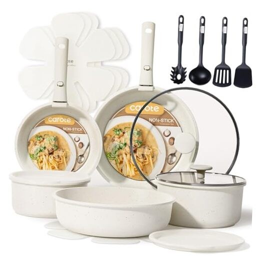 19pcs Pots and Pans Set, Nonstick Cookware Set Detachable 19 Piece Cream White