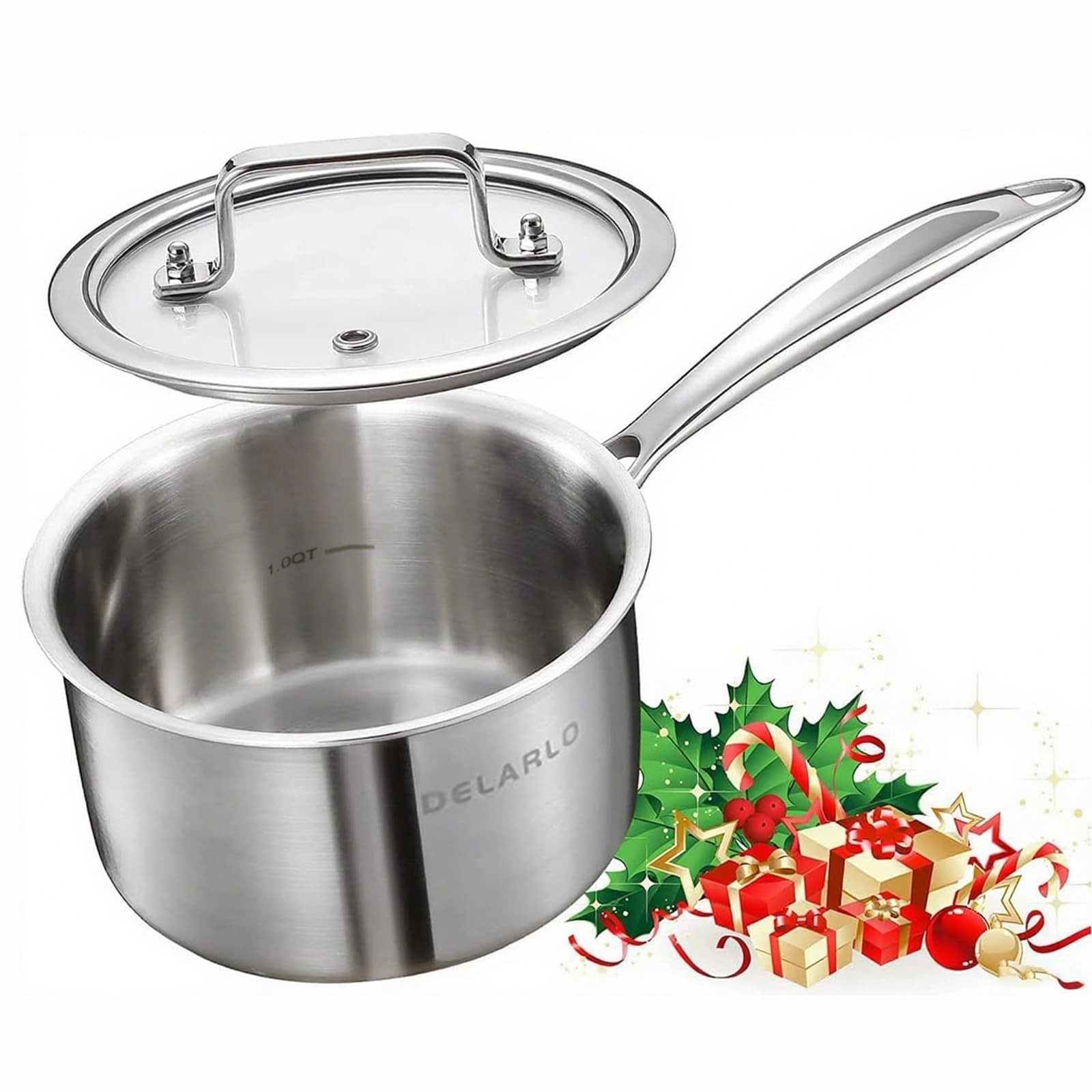 Full-Body Clad Tri-Ply Stainless Steel Small Brushed Saucepan with Lid, Inductio