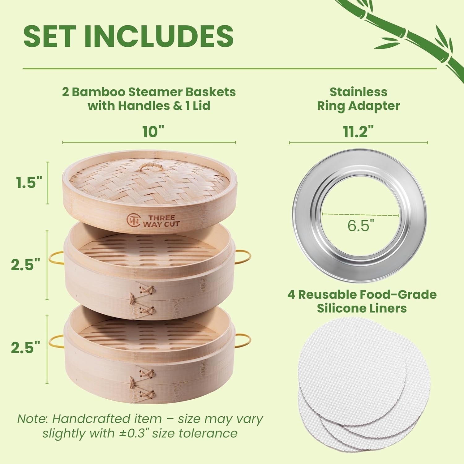 Bamboo Steamer 10 Inch 2 Tier Wooden Basket With Handles Reusable Silicone Li…