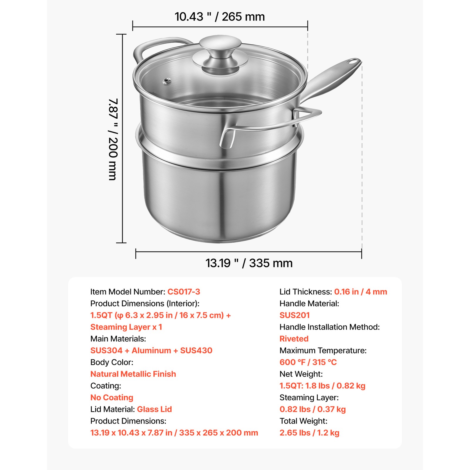 Uimoso 1.5 QT Stainless Steel Saucepan with Steamer and Glass Lid