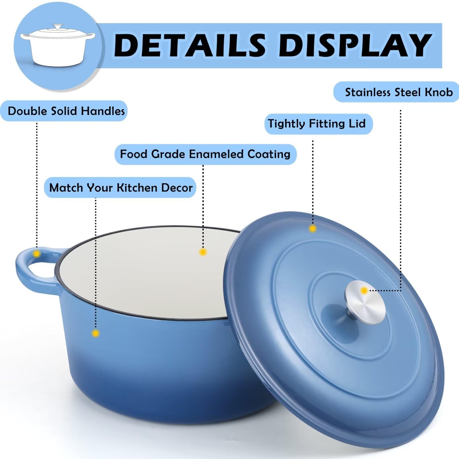 TeamFar 6QT Dutch Oven with Lid, Enameled Nonstick Cast Iron Dutch Oven Cooking