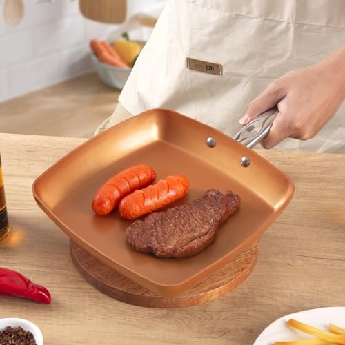 Non-Stick Copper Square Frying Pan, 9.5″ Chef Skillet with Ceramic 9.5 Inch