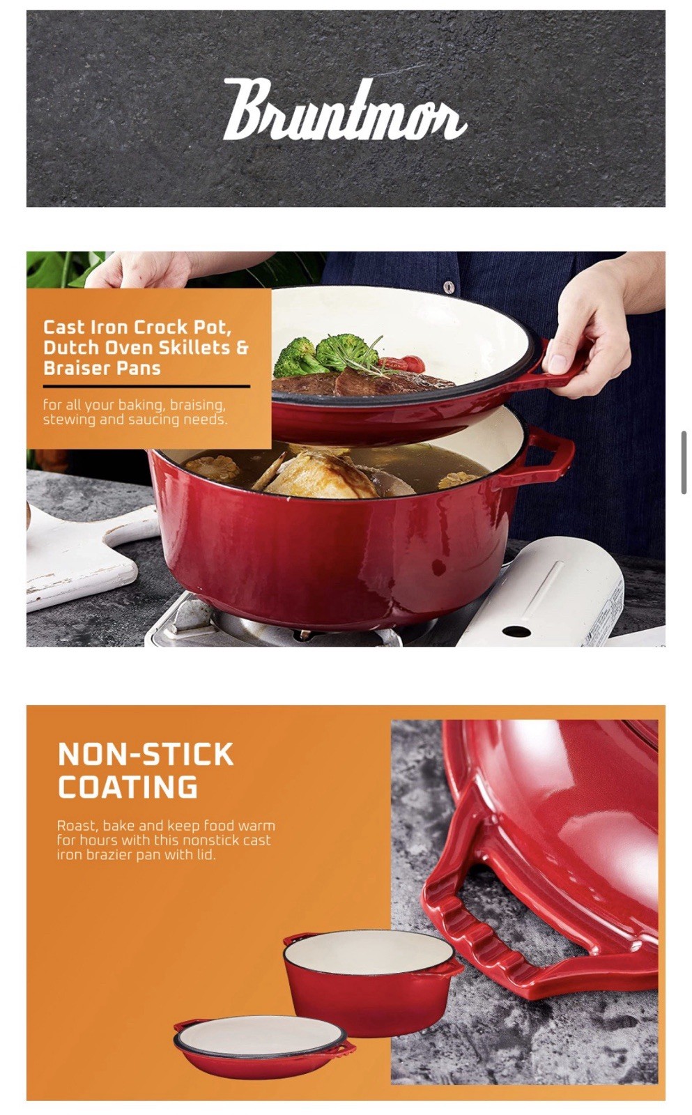 [FREE SHIP] NEW Bruntmor 7QT Dutch Oven 2-in-1 Skillet – Enameled Cast Iron RED