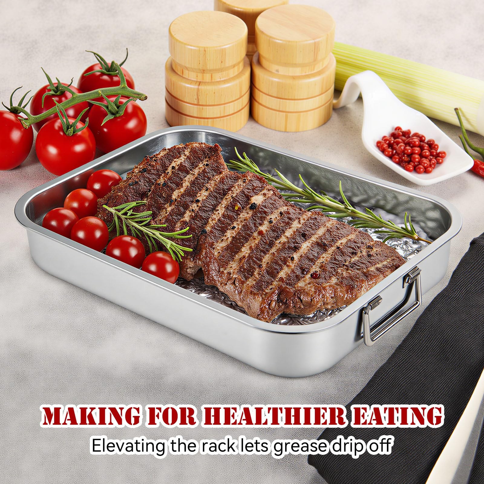 2 Set Stainless Steel Roasting Pan with Rack and Handle for Oven Roasting Pan…