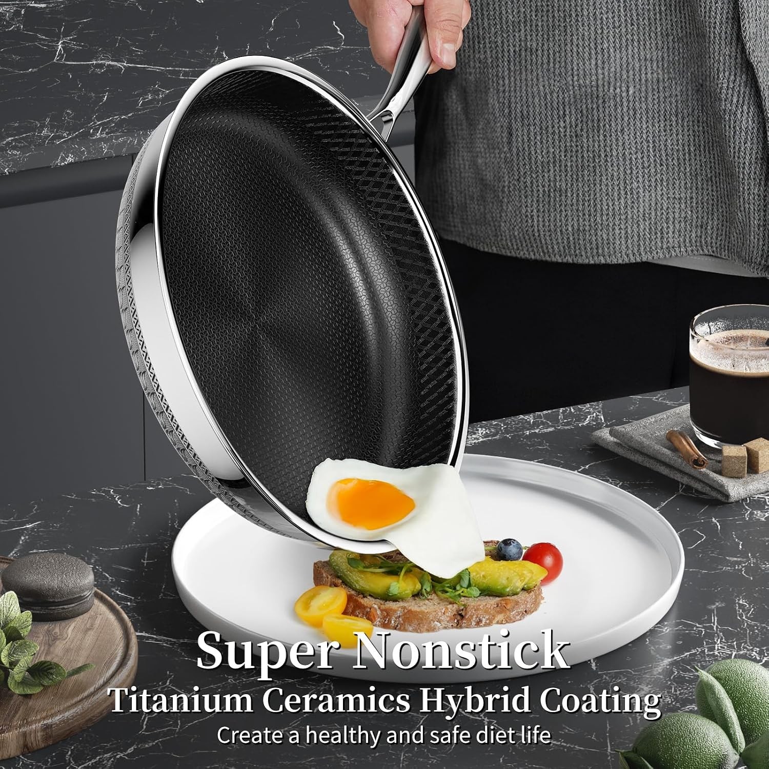 8 Inch Nonstick Frying Pan with Lid, Titanium Ceramic Tri-Ply Stainless Steel No