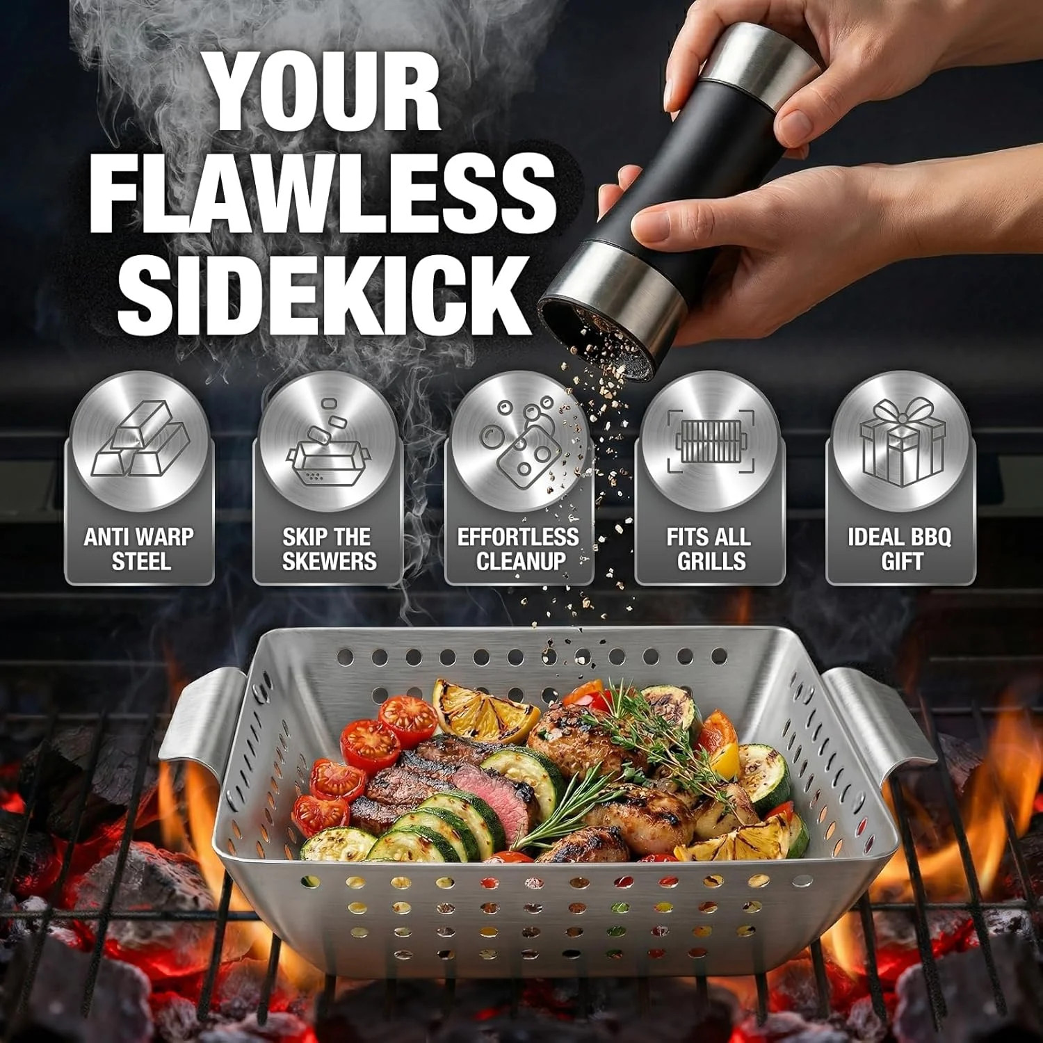 3 Piece Stainless Steel Grill Basket Set with Basting Brush, Heavy Duty Small Ve