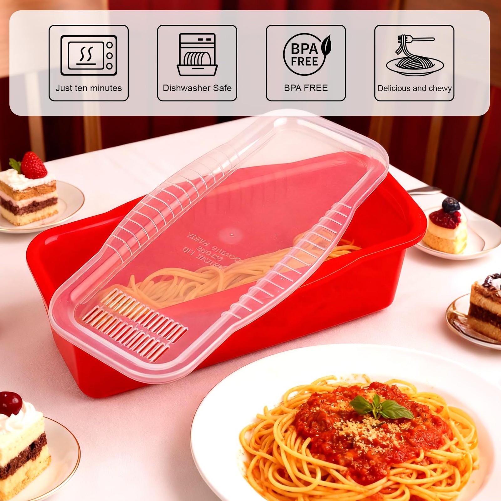 Microwave Pasta Pot Strainer Lid Measuring Cup Clip Quickly Cook 1-4 Servings