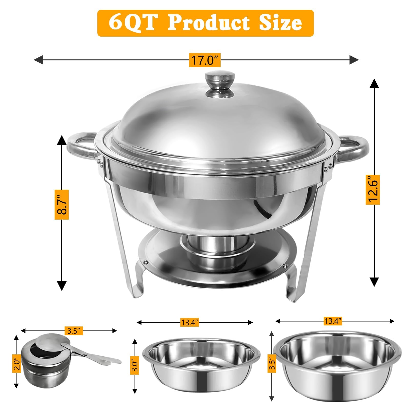 Stainless Steel Chafing Dishes 2 Pack 6QT Round Buffet Warmer Set Anti-scald Lid