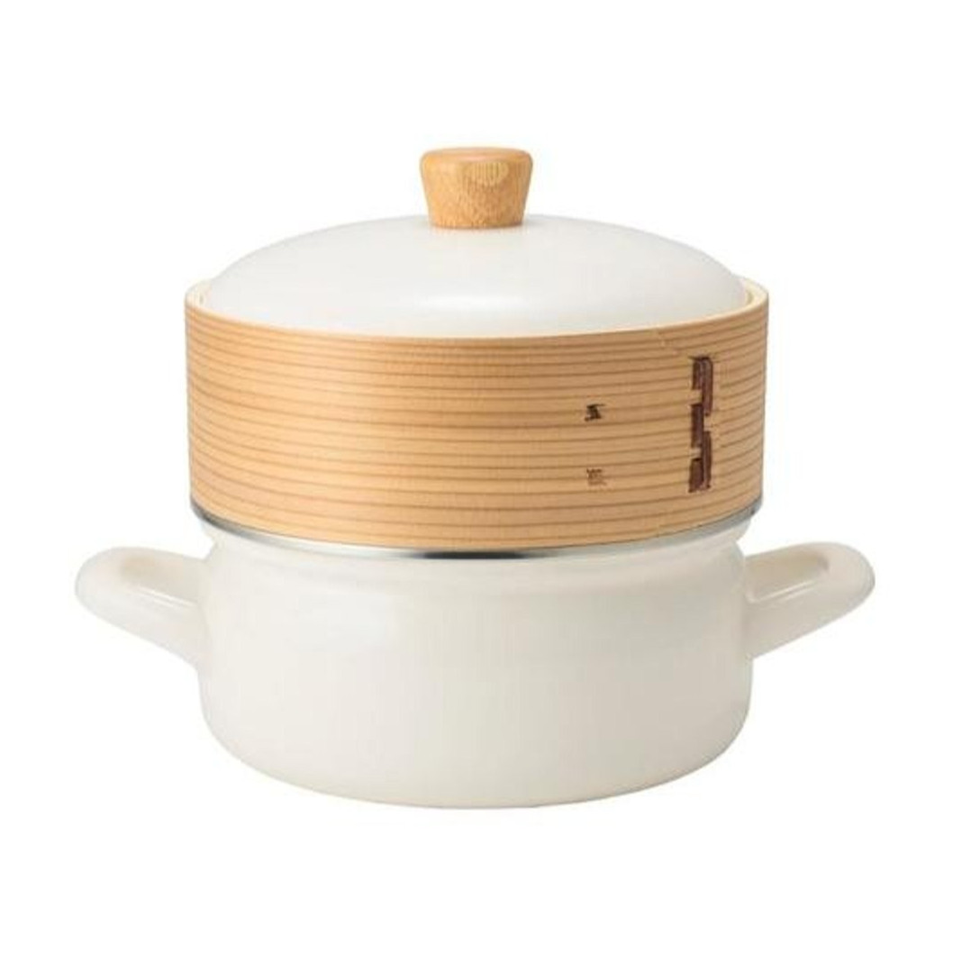 FUJIHORO Enamel Pot with Steamer Insert 7.8in & 7.0in White Greige JAPAN NEW