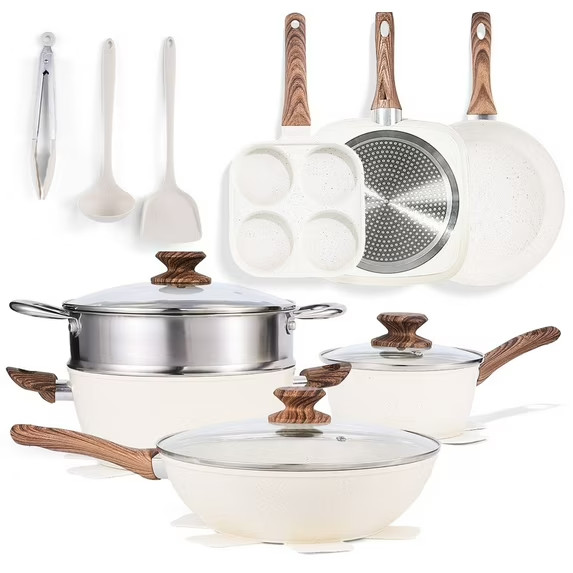 Gianna 17 Pcs Non-Stick Pots and Pans, Non-toxic Kitchen Cooking Set with Stay-C