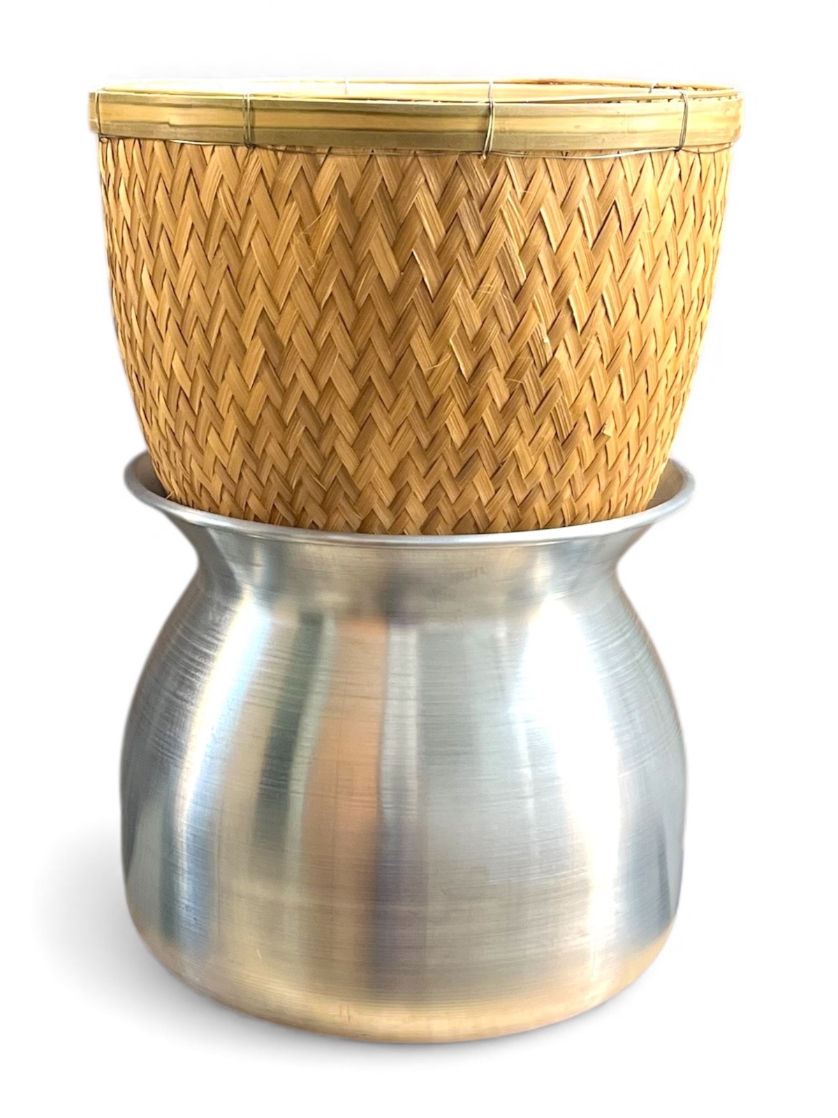 Thai Sticky Rice Steamer Set 2 pcs | 24 cm Aluminum Pot + 26 cm Bamboo Basket |