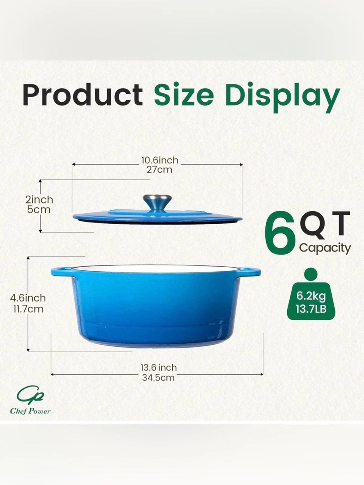 Chef Power 6QT Enameled Cast Iron Dutch Oven with Lid Blue