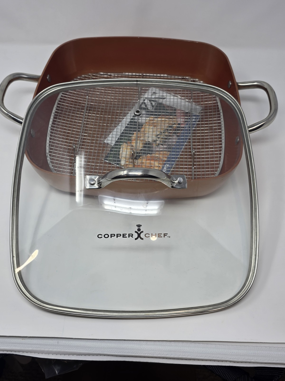 New Copper Chef 12″ Square Deep Fry Pan Skillet w/ Glass Lid Rack Recipe Book