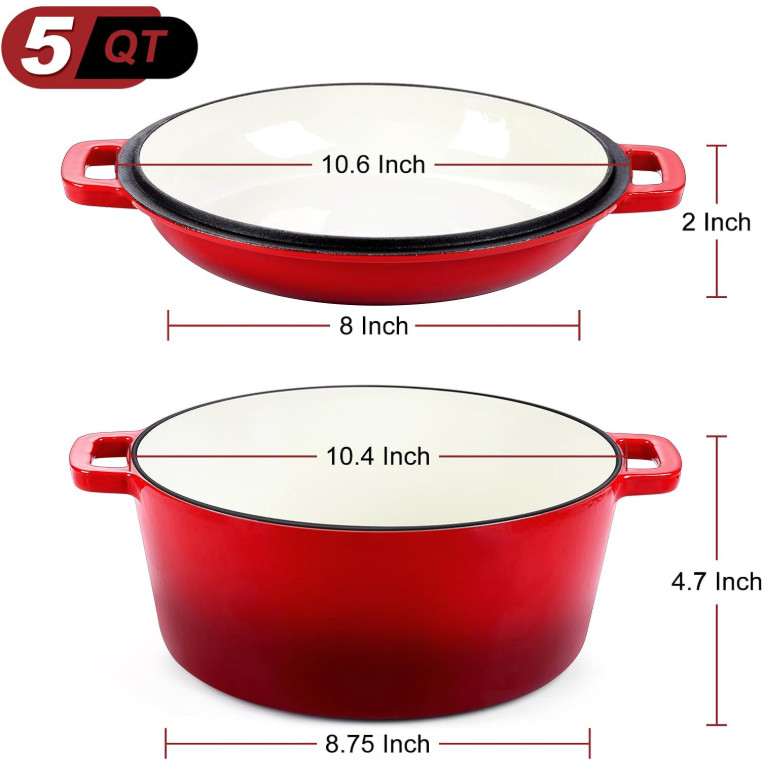 Olla holandesa hierro fundido 5QT 2 en 1 para pan horno y estofados roja, Nuevo