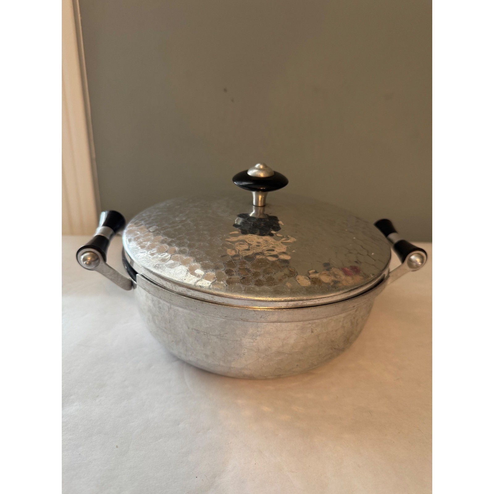 Hammered Aluminum Serving Dish Covered Casserole Spain Black Handles MCM