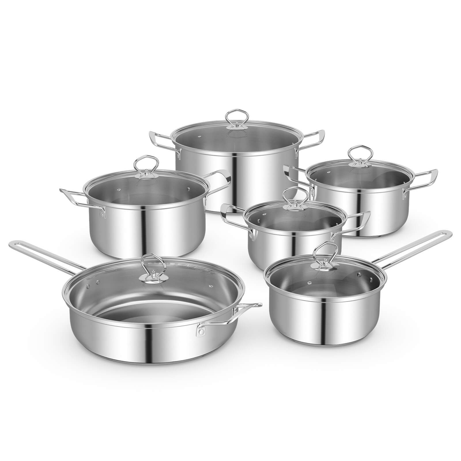 12 Piece Pots & Pans Set w/ Tempered Glass Lids Handles & 3-Ply Base 4 Stockpots