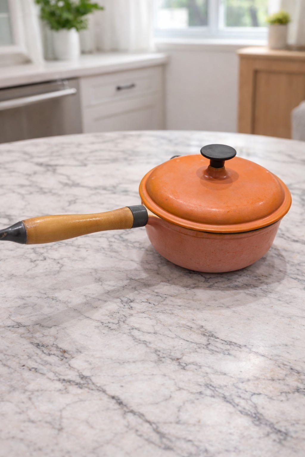Vintage Orange Enamel Saucepan w/ Lid & Wood Handle Mid Century Kitchen Cookware