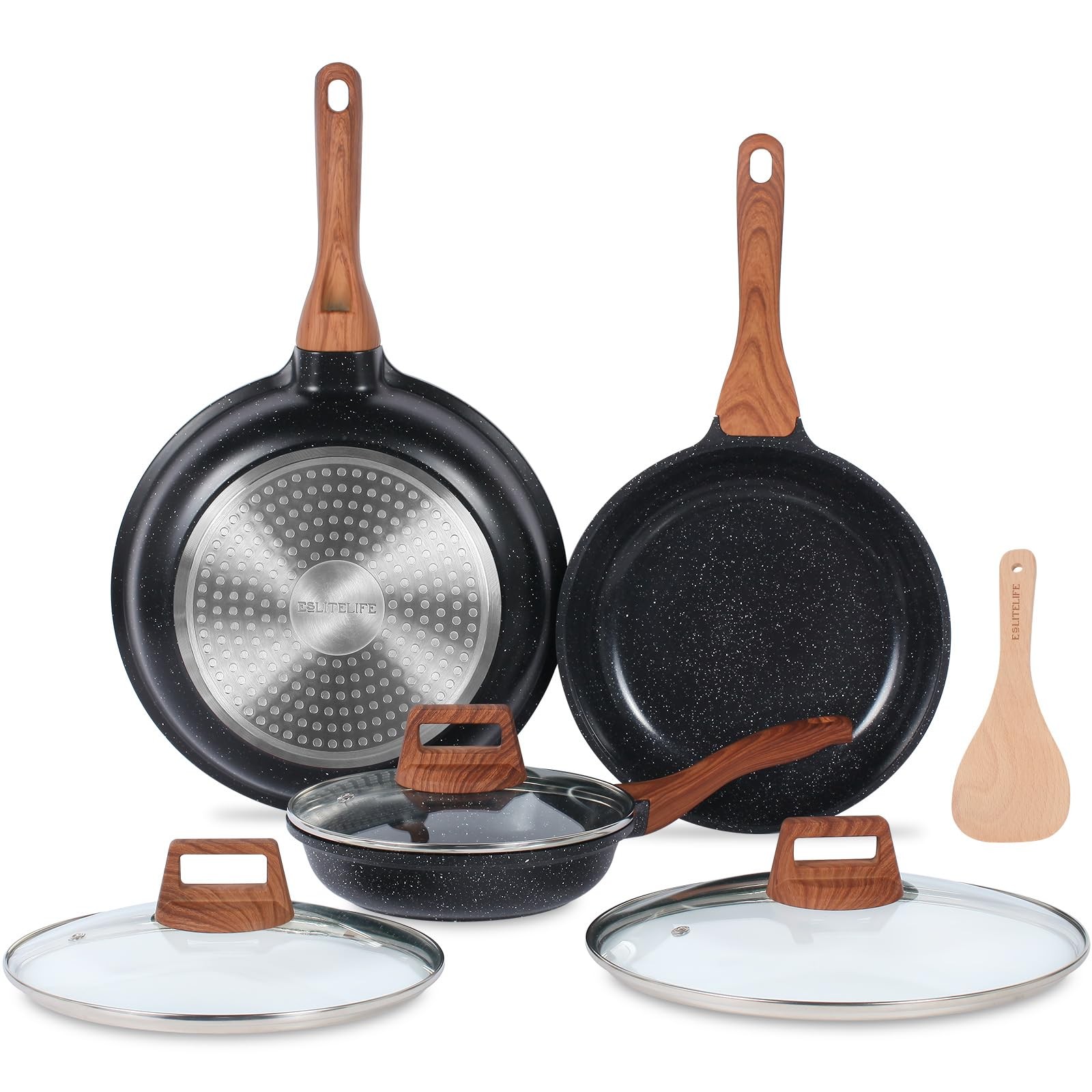 ESLITE LIFE Nonstick Ceramic Frying Pans 8″+9.5″+11″ Set w/Lids, Black
