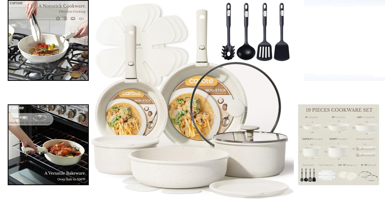 19pcs Non Stick Pots Pans Set with Detachable Handles Kitchen Cookware Campin…