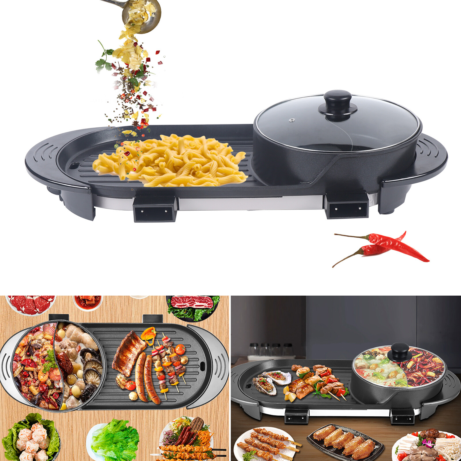 2 In 1 Hot Pot Barbecue Grill Portable Electric Non-stick Teppanyaki Pan Soup