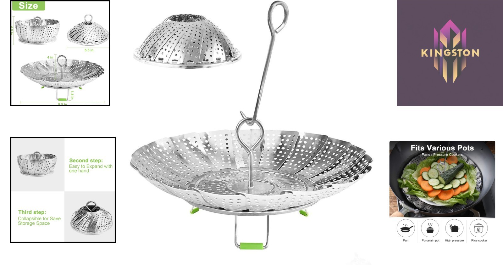 Compact Collapsible Steamer Basket for Healthy Cooking – Pots 5.1″ to 9.5″