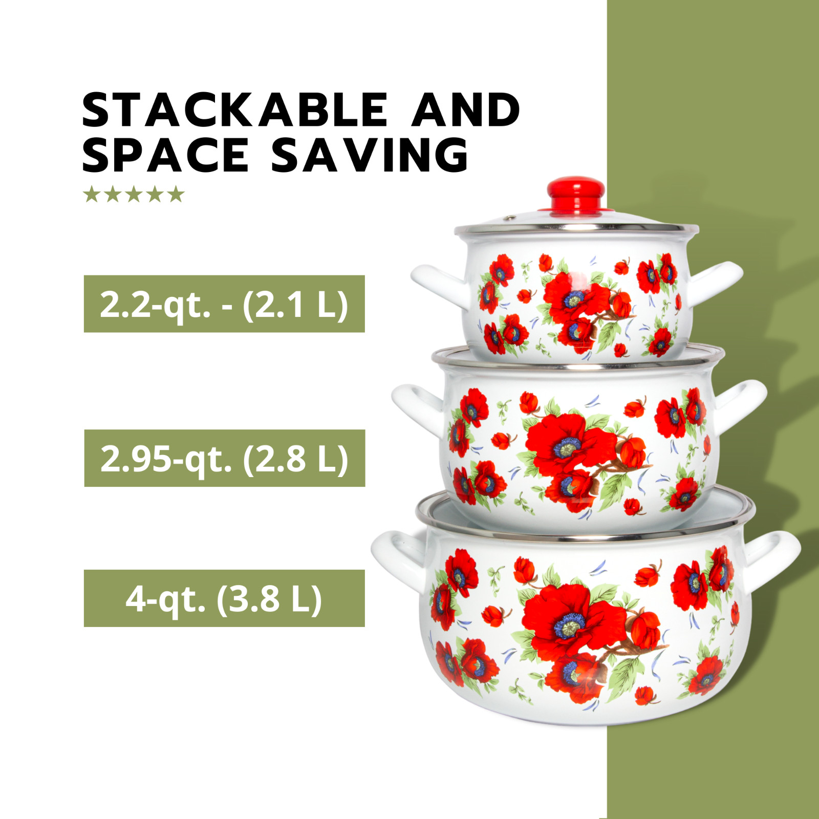 3 pc POPPY Enamel Stockpot Set Cooking Pot Set Enamel Casserole 2-qt 4-qt 6.5-qt