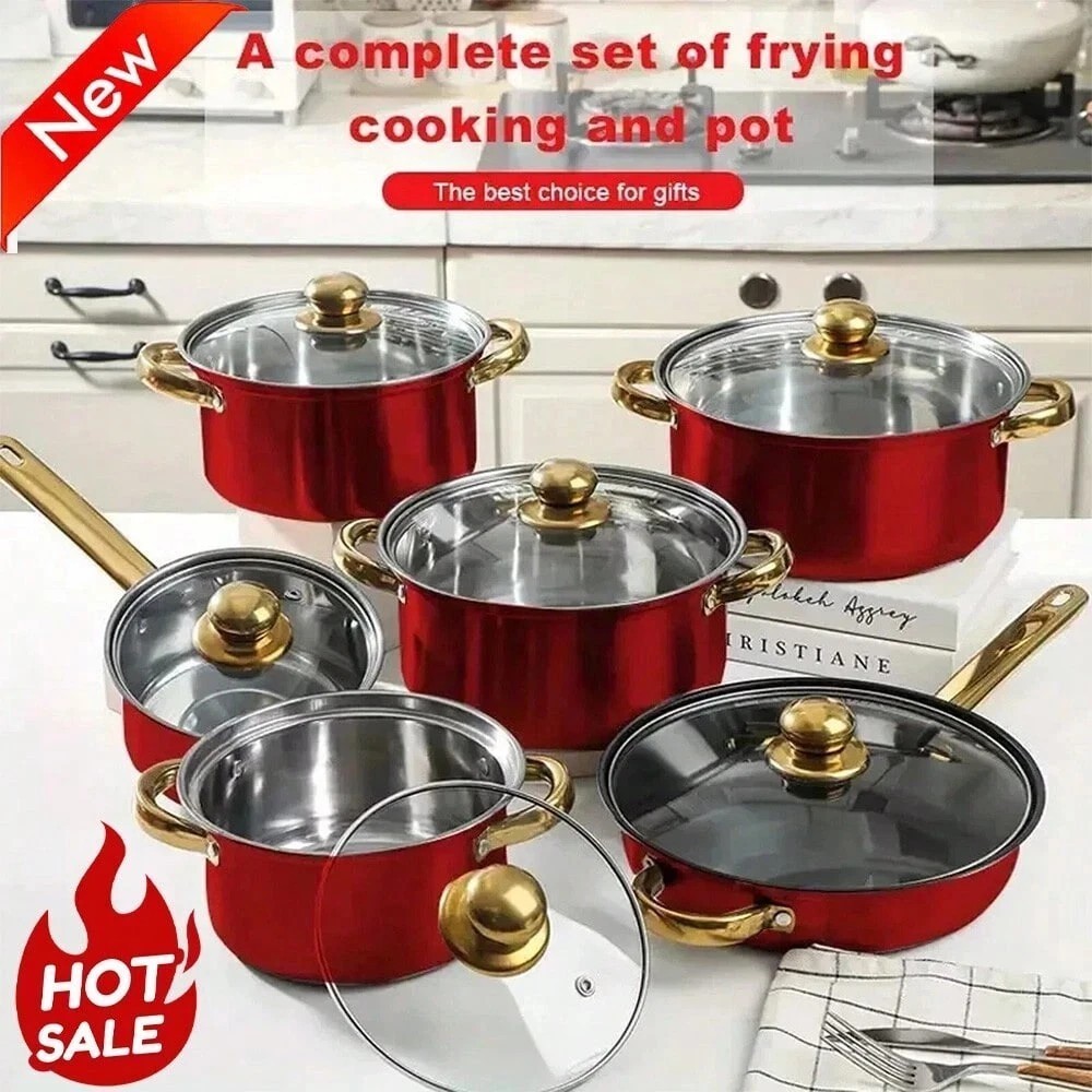 12 Piece Red Nonstick Cookware Set Pots Pans Glass Lid Stainless Steel Handle