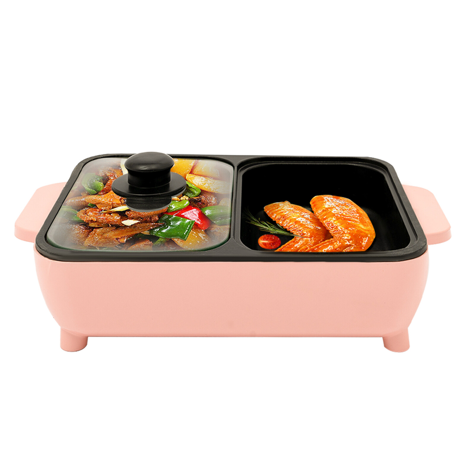 Portable Electric 2in1 Hot Pot Dual Temp Control Grill Non-Stick Teppanyaki Pan