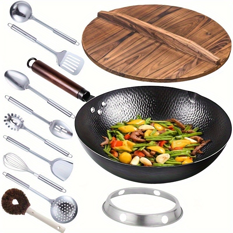 Cast Iron Wok with 11pcs Cookware Accessories, Chinese Wok Pan 12.6 Inch