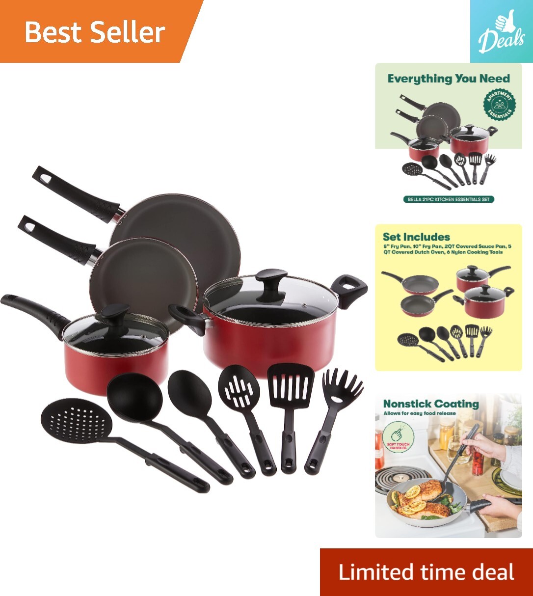 12 Piece Nonstick Cookware Set with Utensils – Compatible with All Stoves – Red