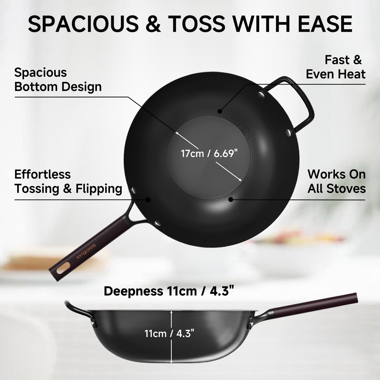 SUMEIGUAN 13.5″ Carbon Steel Wok Pan PreSeasoned Flat Bottom Woks & Stirfry …