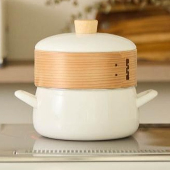 FUJIHORO Enamel Pot with Steamer Insert 7.8in & 7.0in White Greige JAPAN NEW
