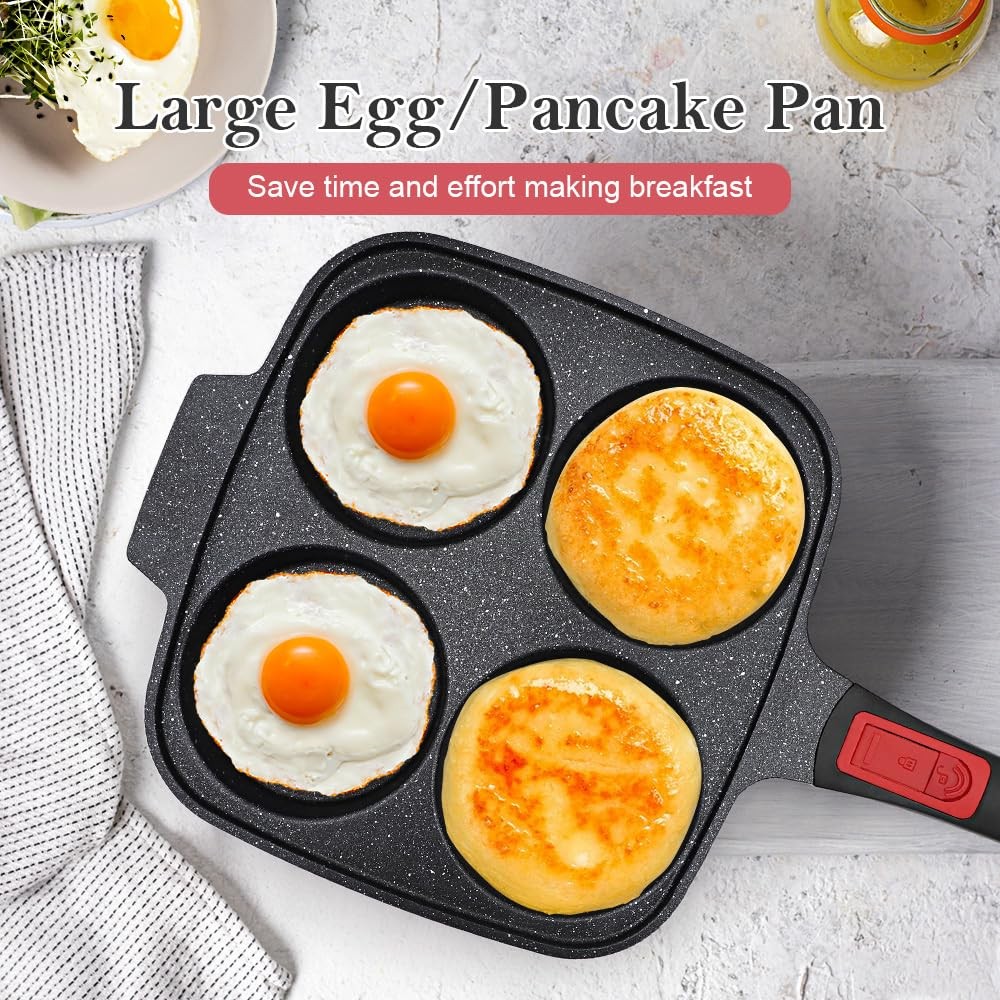 10 inch Large Egg Pan with Lid, 4-Cup Pancake Pan Nonstick Omelette Skillet w…