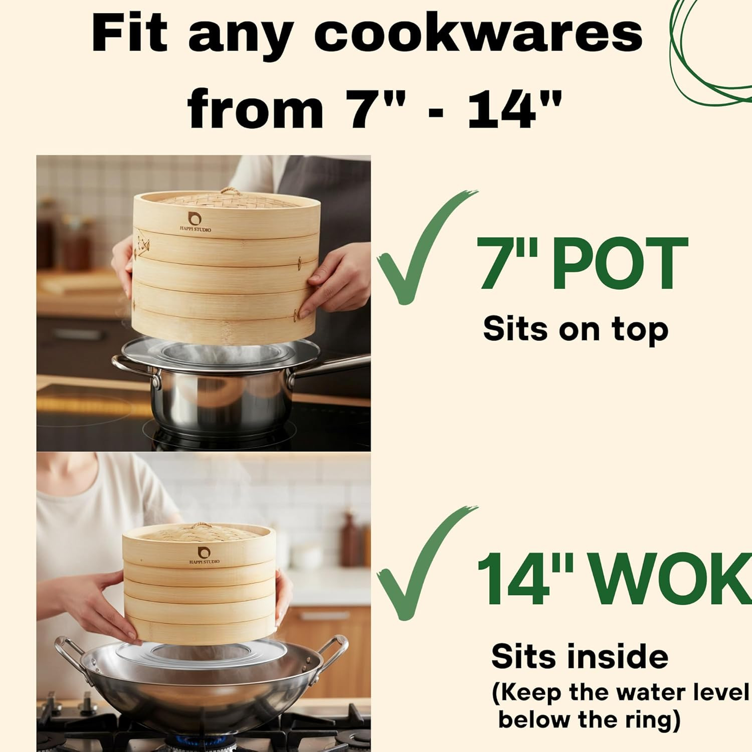 Bamboo Steamer Basket Set – 10 Inch Large Dumpling 2 Tier for Pots – Asian Cooki