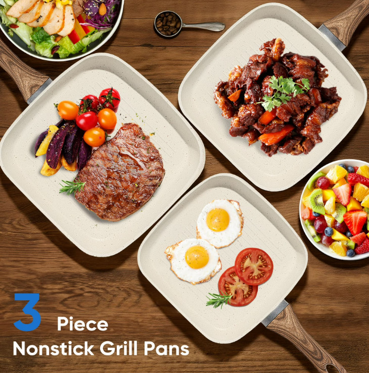 3 Piece Nonstick Grill Pans, Square Frying Pans Set with Stay Cool Handle ,