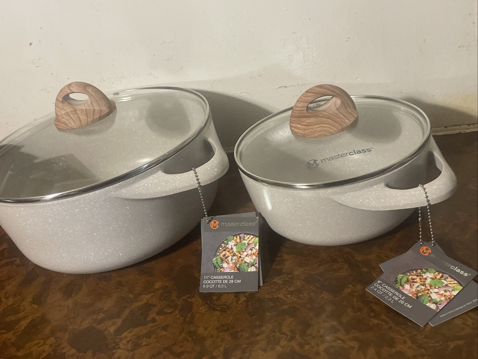 NEW! Masterclass IVORY Off-White Casserole 11″ & 8″ Pan Cookware w/ Lid 4 pc SET