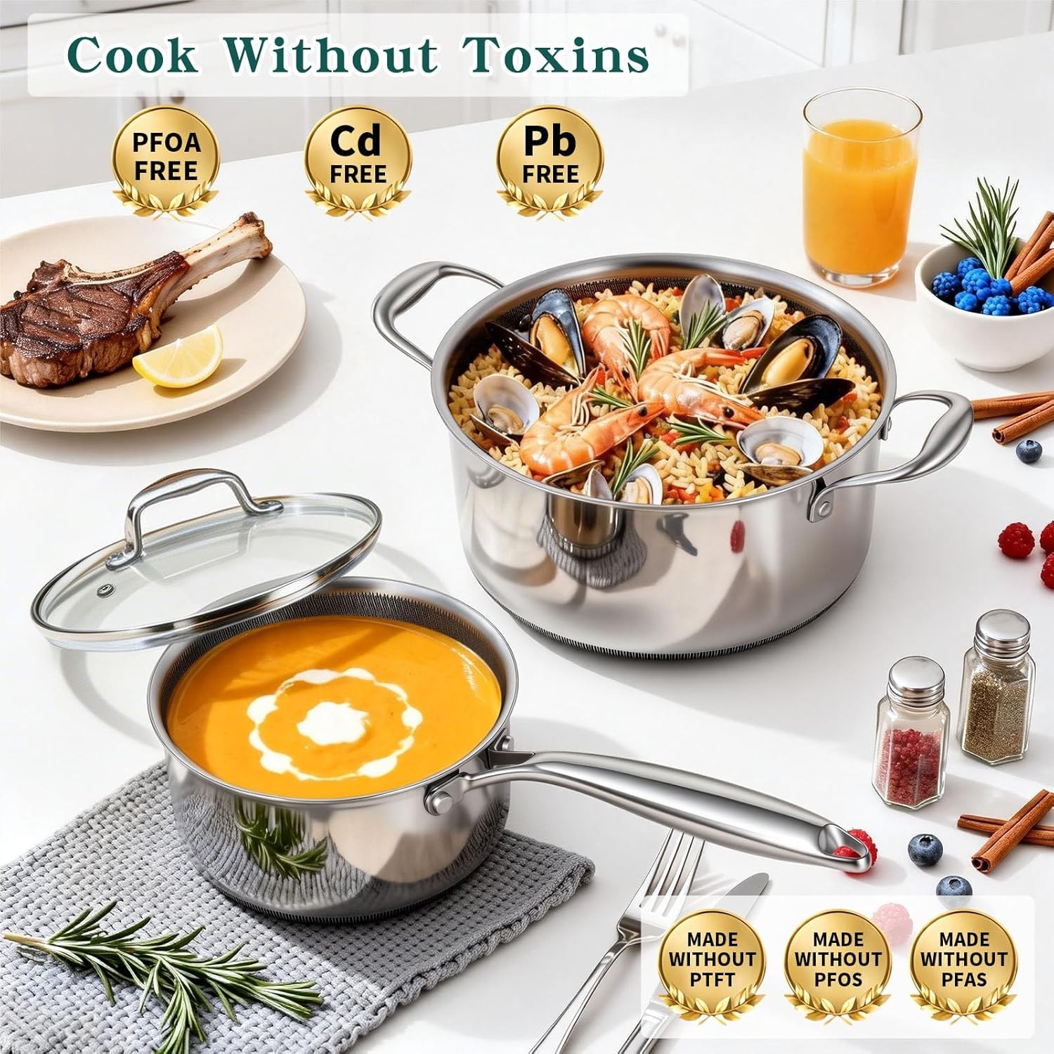 14-Piece Hybrid Stainless Steel Cookware Set, Pots and Pans Set with 3 Silicone