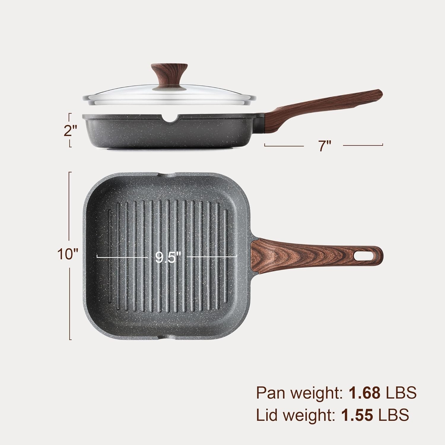Square Nonstick Grill Pan with Lid Pour Spouts Stovetop Skillet