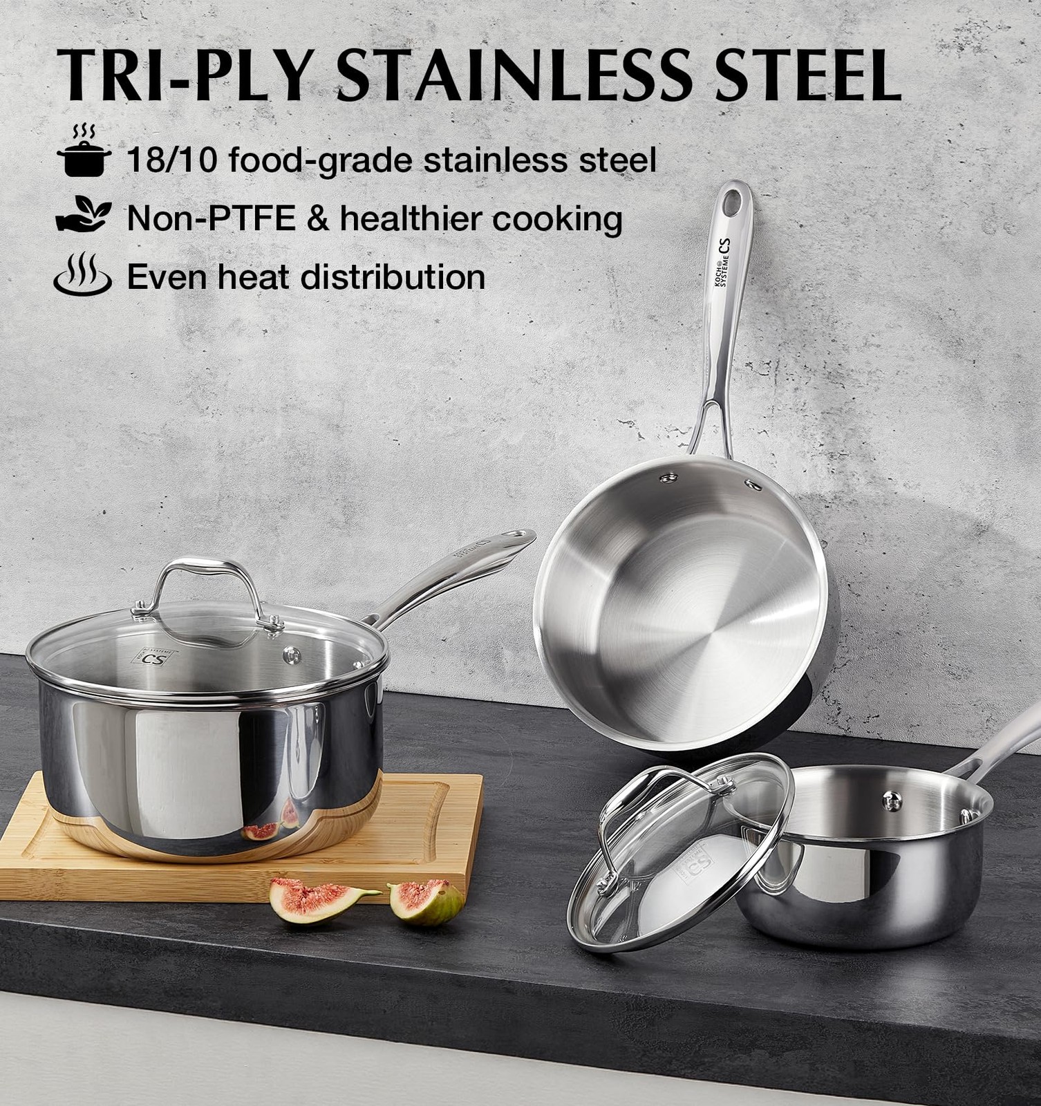 Koch Systeme Cs Triply Stainless Steel Saucepan Set 1Qt 2Qt 3Qt Stainless Steel
