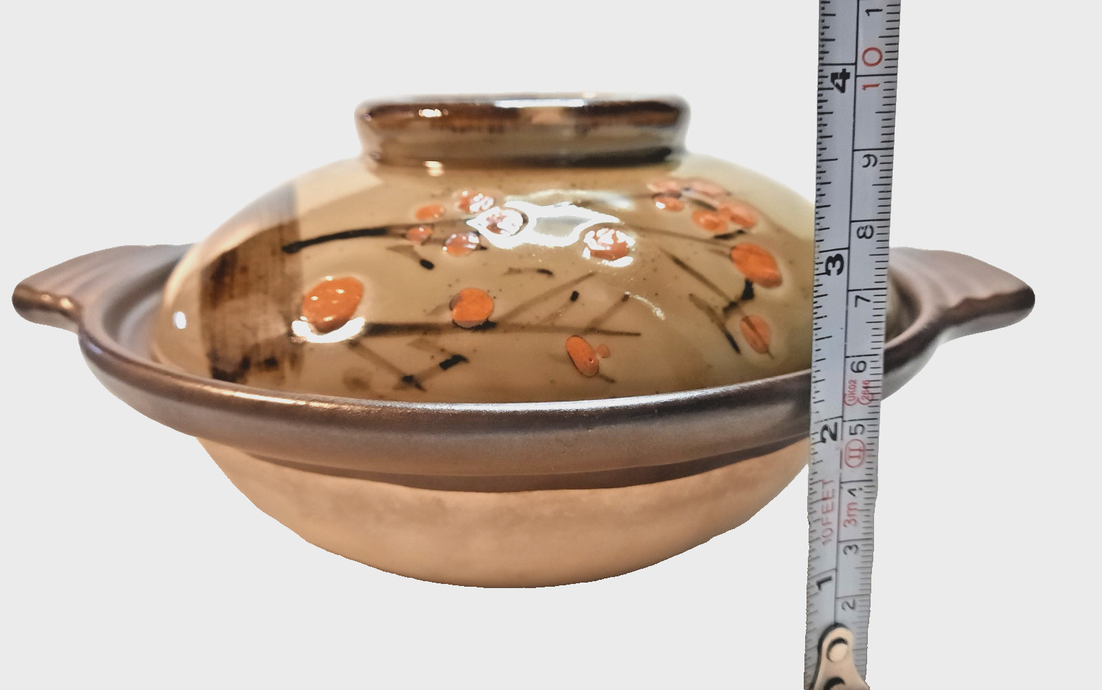 Japanese-Earhenware Donabe Cooking Pot-Hand Painted-Cherry Blossoms-Brown/Orange