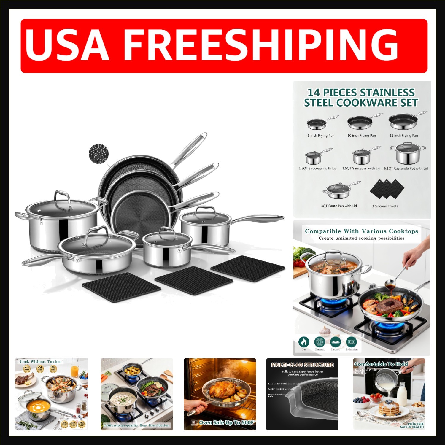 14-Piece Hybrid Stainless Steel Cookware Set Non-Stick Pots and Pans with
