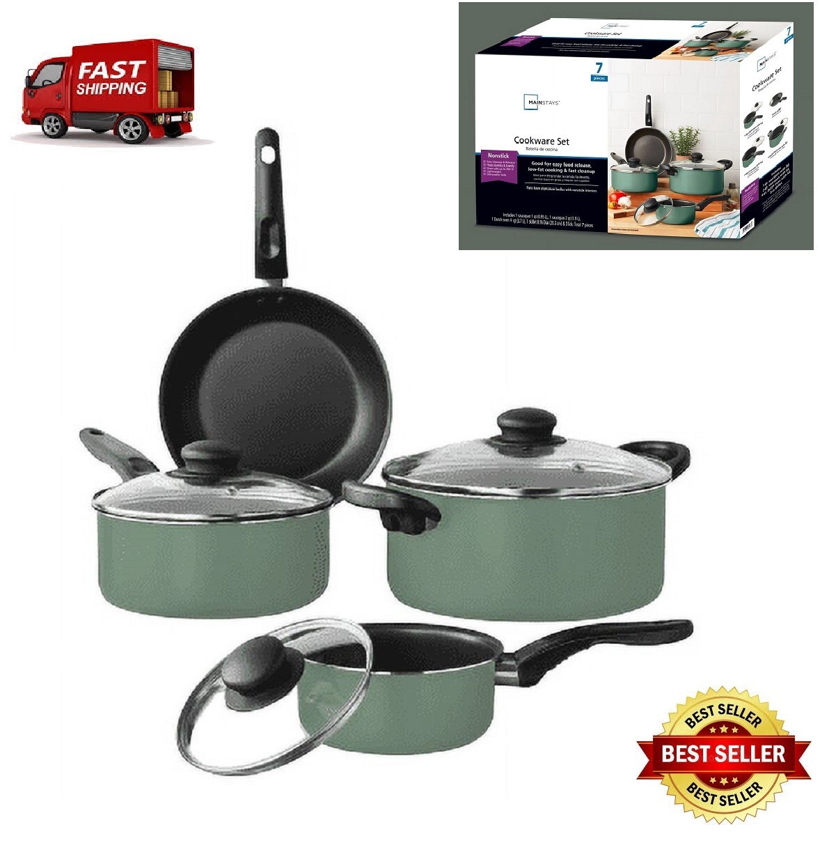 7 Piece Cookware Set Nonstick Pots,Pans Home Kitchen Cooking Non Stick,new