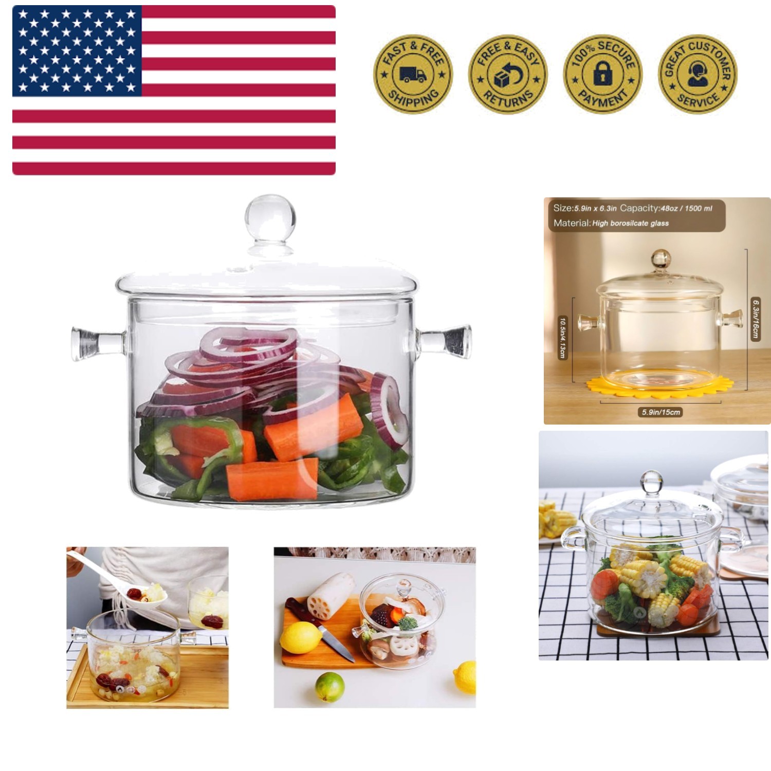 Glass Cooking Pot – 1.5L/50oz Heat-Resistant Borosilicate Glass Handmade Cook…