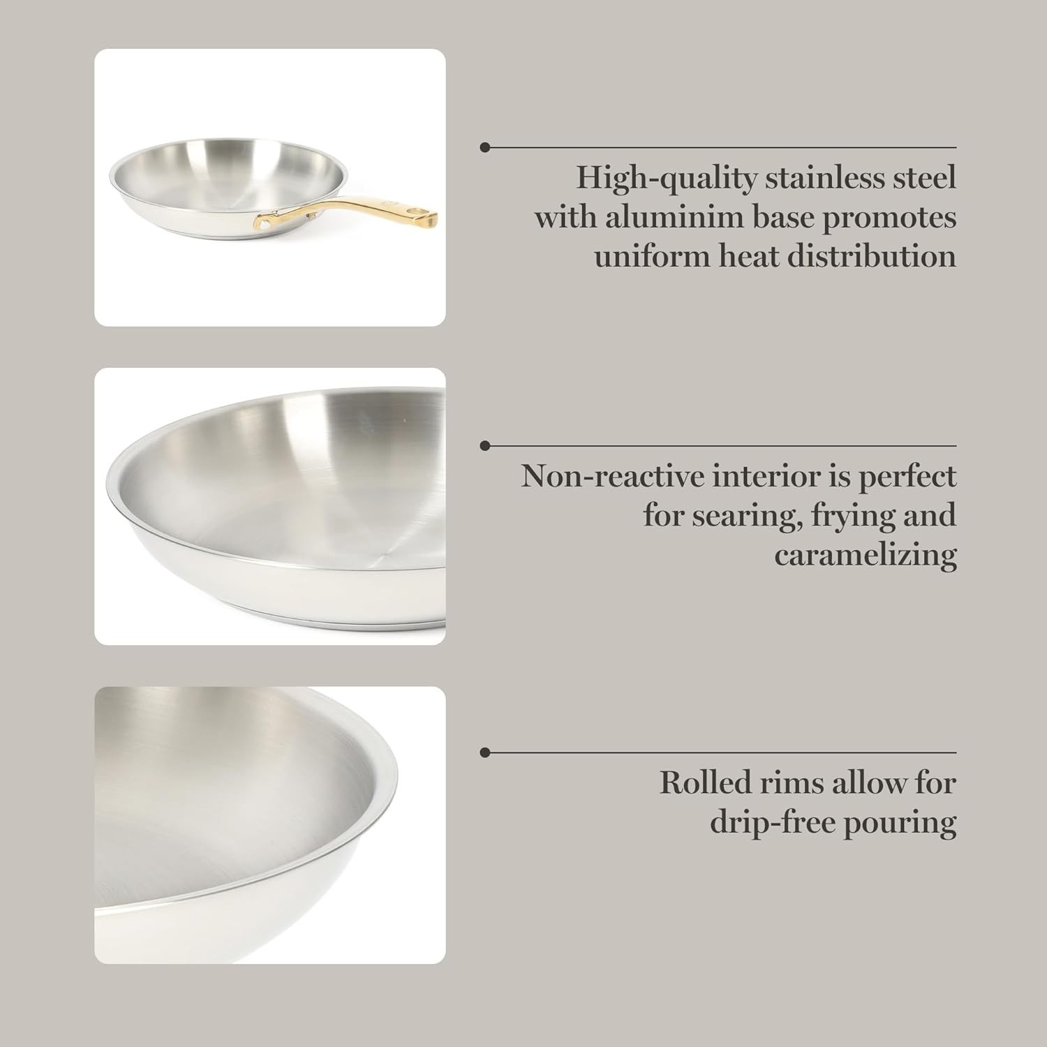 Castelle 9.5-Inch Stainless Steel Frying Pan with Gold-Tone Handle – Tri-Ply …