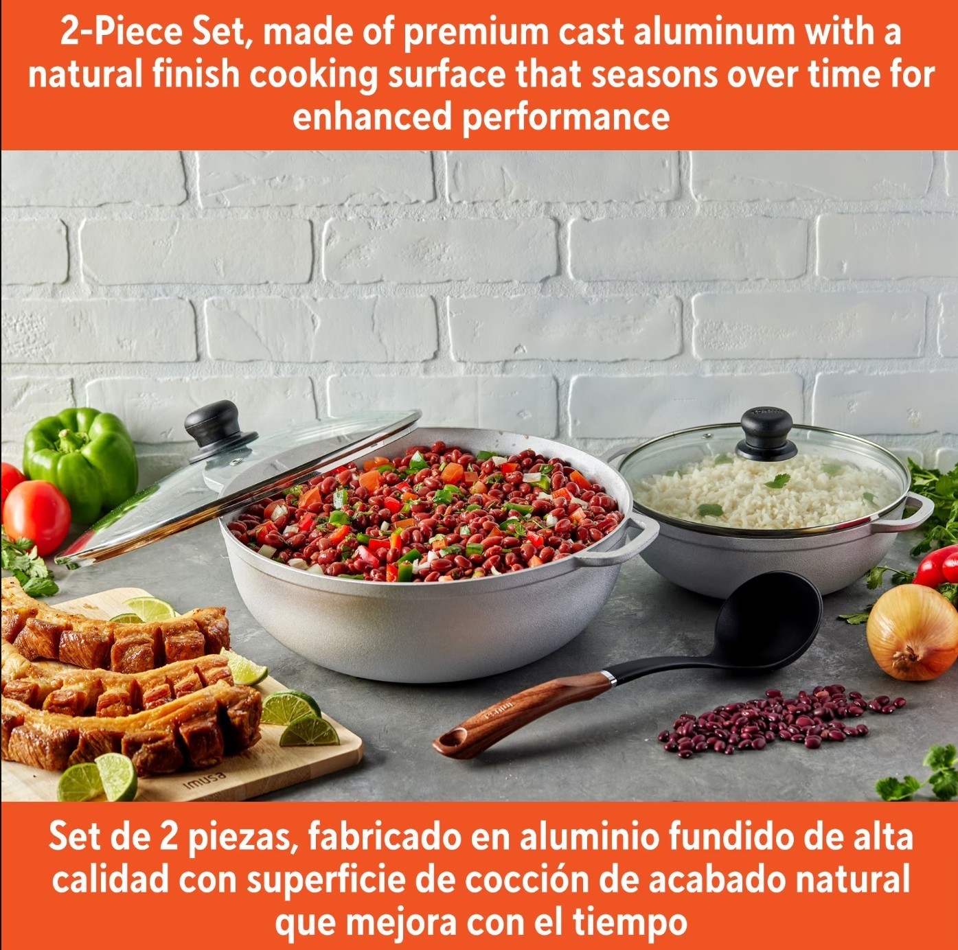 (2 pack) IMUSA 2.5/7.0qt Cast Aluminum Caldero 2pc Set with Glass lid – 22/30cm