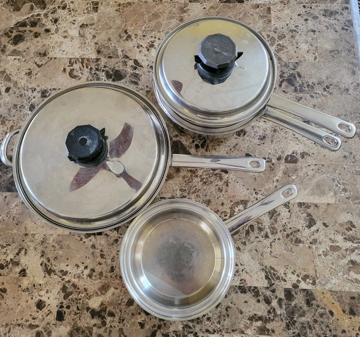 New Era 7 Ply Stainless Cookware 6 pcs Set T304 3qt + Steamer 1qt 2 Lids Skillet