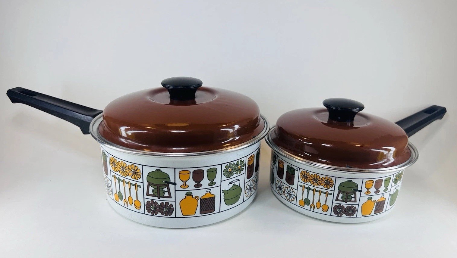 Two Vintage MCM Enamelware Sauce Pans Pots with Brown Lids- 1 qt & 1-3/4 qt