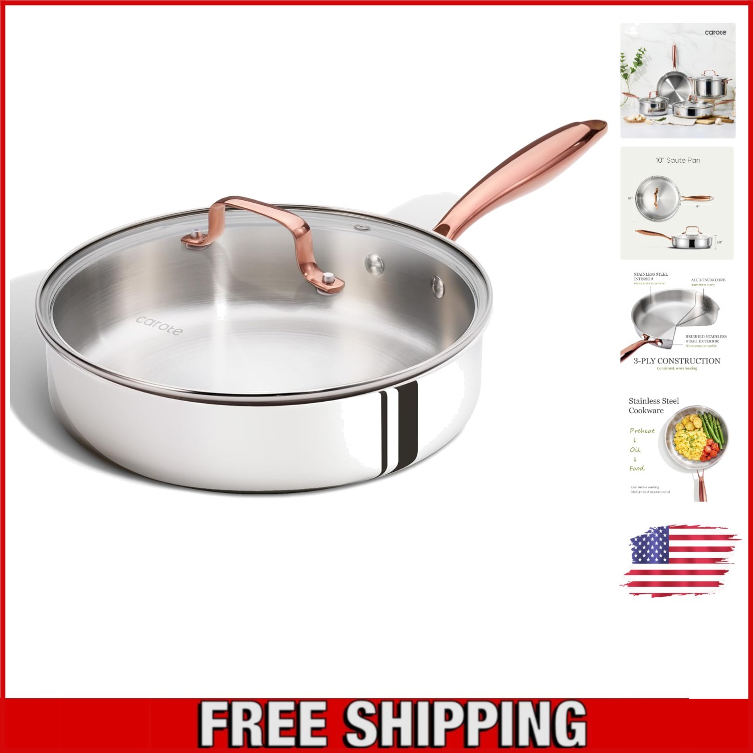 Professional-Grade 10” Tri-Ply Fry Pan with Lid – Deep for Sautéing & Steaming