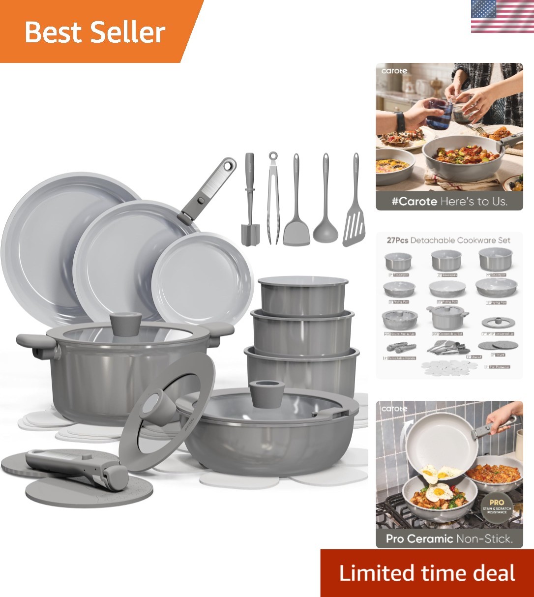 Safe & Stylish 27-Piece Ceramic Cookware Set – Dishwasher & Oven Safe, Dark Gray
